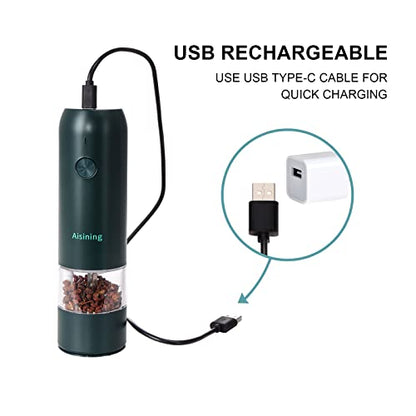  Electric Salt And Pepper Grinder, Salt And Pepper Mill Set Automatic Pepper Grinder With USB C Rechargeable, One-Handed Operation, Adjustable Coarseness, LED Light, Green