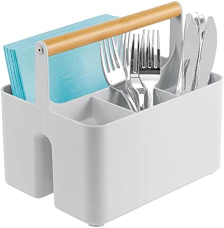  MDesign Plastic Portable Storage Organizer Kitchen Caddy Tote, Divided Bin With Wood Handle For Napkins, Silverware, Forks, Knives, Spoons - Store In Cabinets, Countertops - Charcoal Gray/Natural