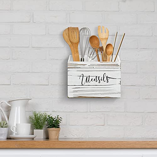  Wood Utensil Caddy For Kitchen Countertop, Utensil Holder With 2 Compartments, Wood Utensil Crock For Kitchen Counter, Kitchen Utensil Organizer For Countertop, Rustic White
