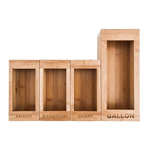  Food Storage Bags Holders – Premium Bamboo Kitchen Drawer Plastic Bag Organizer Dispenser Home Organization Compatible With Gallon, Quart, Sandwich & Snack Variety Size Bags (4 Piece Set)