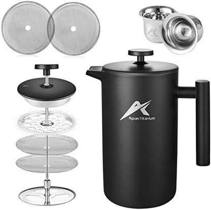  French Press Coffee Maker, 34 Oz, Stainless Steel Double-wall Insulated, With 2 Espresso Cups, Rust-Free, Dishwasher Safe, Black