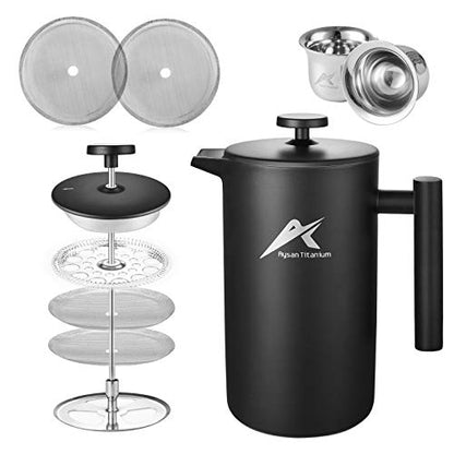  French Press Coffee Maker, 34 Oz, Stainless Steel Double-wall Insulated, With 2 Espresso Cups, Rust-Free, Dishwasher Safe, Black