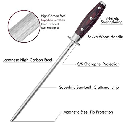  10 Inch Honing Steel With Pakkawood Handle, Knife Sharpener Rod, Professional Knife Sharpening Steel
