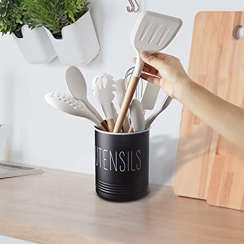  Kitchen Utensil Holder, 6.7" Utensil Holder For Kitchen Counter, Cooking Utensil Crock With Cork Bottom, Modern Farmhouse Kitchen Decor, Countertop Utensil Storage Caddy Organizer, Black