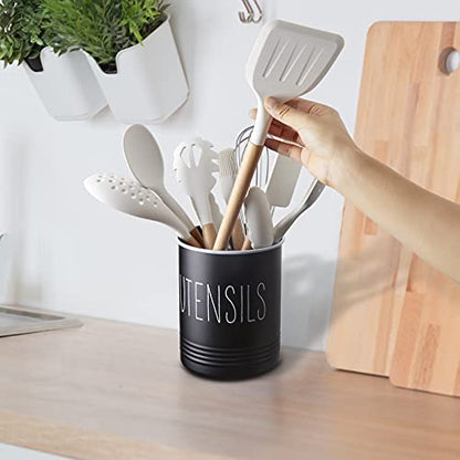  Kitchen Utensil Holder, 6.7" Utensil Holder For Kitchen Counter, Cooking Utensil Crock With Cork Bottom, Modern Farmhouse Kitchen Decor, Countertop Utensil Storage Caddy Organizer, Black