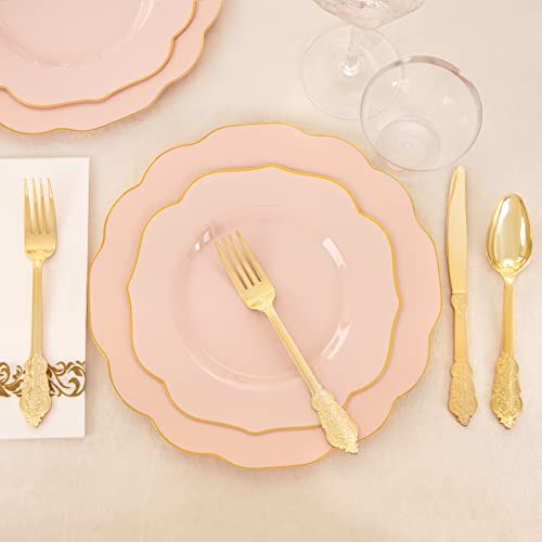  175PCS Pink Plastic Plates With Gold Disposable Silverware-Include 50 Plates 25Knives 25Forks 25Spoons 25Cups And 25Napkins-Ideal For Wedding, Party, Shower&Mother’s Day