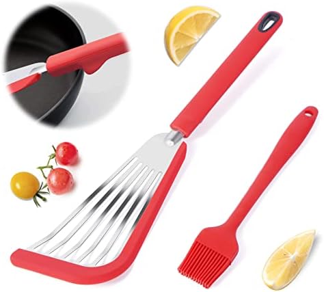  Fish Spatula, Stainless Steel Slotted Fish Turner, Silicone Fish Spatula With Basting Brush, 13 Inch, Heat Resistant, Flexible, Metal Spatula For Nonstick Cookware, BLACK
