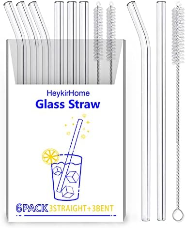 6-Pack Reusable Glass Straw-Transparent,Size 8''x10 MM,Including 3 Straight And 3 Bent With 2 Cleaning Brush- Perfect For Smoothies, Tea, Juice-Clear