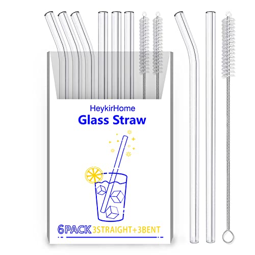  6-Pack Reusable Glass Straw-Transparent,Size 8''x10 MM,Including 3 Straight And 3 Bent With 2 Cleaning Brush- Perfect For Smoothies, Tea, Juice-Clear