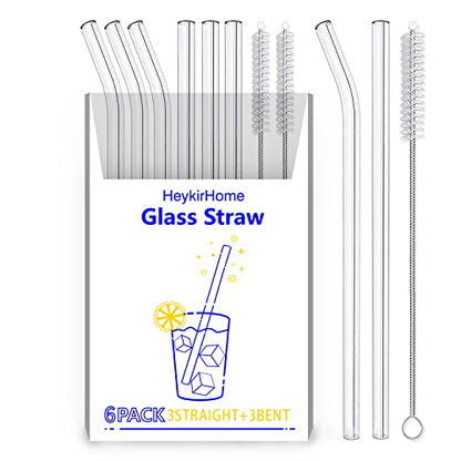  6-Pack Reusable Glass Straw-Transparent,Size 8''x10 MM,Including 3 Straight And 3 Bent With 2 Cleaning Brush- Perfect For Smoothies, Tea, Juice-Clear