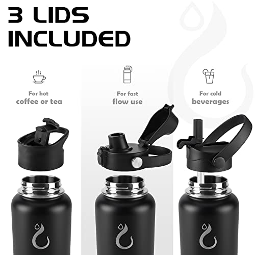  Sports Water Bottle - 32 Oz, 3 Lids (Straw Lid, Flip Lid, Spout Lid), Leak Proof, Vacuum Insulated Stainless Steel, Double Walled, Reusable Metal Canteen