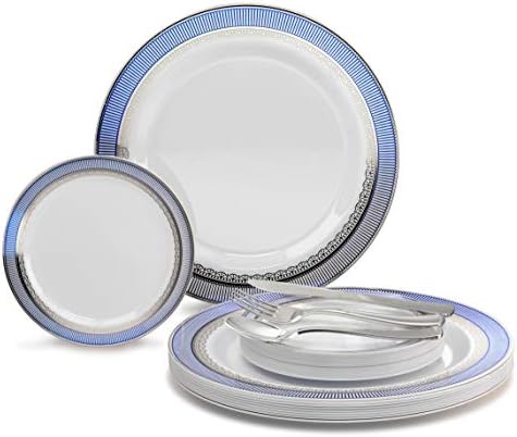 " OCCASIONS " 600 Pcs Set & 120 Guest Wedding Disposable Plastic Plate & Silverware Combo Set (White & Silver Rim Plates, Silver Silverware)
