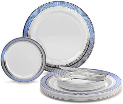  " OCCASIONS " 600 Pcs Set & 120 Guest Wedding Disposable Plastic Plate & Silverware Combo Set (White & Silver Rim Plates, Silver Silverware)