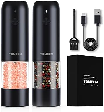 [Upgraded Larger Capacity] Electric Salt And Pepper Grinder Set - USB Rechargeable One Hand Operation Automatic Pepper Grinder And Salt Grinder With Adjustable Coarseness & LED Light Refillable