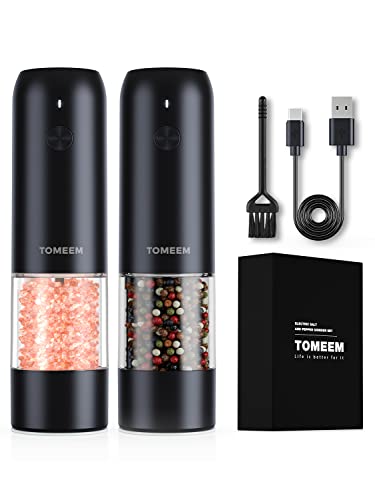  [Upgraded Larger Capacity] Electric Salt And Pepper Grinder Set - USB Rechargeable One Hand Operation Automatic Pepper Grinder And Salt Grinder With Adjustable Coarseness & LED Light Refillable