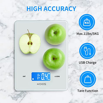  11lb/5kg Small Accurate Food Scale For Kitchen, Waterproof USB Plug In Rechargeable Digital Kitchen Scale, Digital Food Kitchen Scale For Weight Loss, Food Scale For Baking Dieting, White