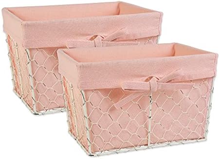  Farmhouse Chicken Wire Storage Baskets With Liner, Medium, Antique French Blue Gingham Check, 11x7.88x7", 2 Piece