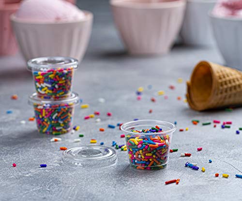  Portion Cup Combo 100 Pack - 1 Oz Cups With Lids, Leak-Proof And Stackable Souffle Cups, Jello Shot Cups, Condiment Cups