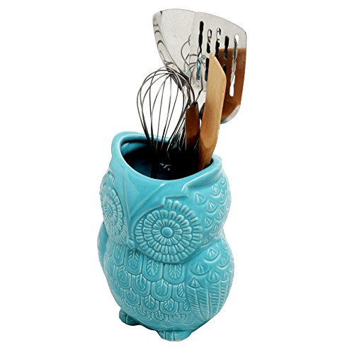  Aqua Blue Owl Shaped Ceramic Kitchen Crock Utensil Holder, 8 Inch Multipurpose Storage Jar Vase Canister, Art Brush Holder