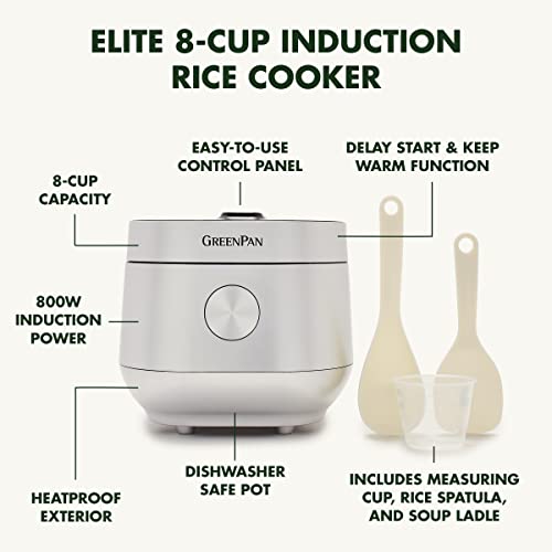 Greenpan Stainless Steel Healthy Ceramic Nonstick 8-Cup Rice Oats Grains & Soup Cooker, Induction Heating For Consistent Results, Dishwasher Safe Pot, Includes Spatula Ladle & Measuring Cup