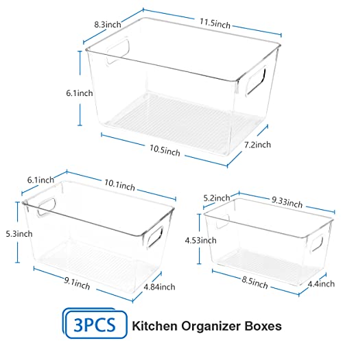 Clear Organizer Bins,【3-Pack】 Plastic Pantry Organization Or Storage ,for Kitchen Organizing/Cabinet Organizers/Shelf Storage Bins (1Large+1Medium+1Small)