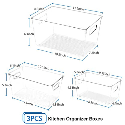  Clear Organizer Bins,【3-Pack】 Plastic Pantry Organization Or Storage ,for Kitchen Organizing/Cabinet Organizers/Shelf Storage Bins (1Large+1Medium+1Small)