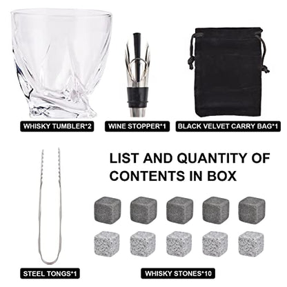  Bourbon Whiskey Stones Gift Set, Includes 2 CycloneGlass, 10 Chilling Stones, Velvet Carry Bag, Stainless Steel Tongs, Wine Stopper In Superior Wooden Boxes For Father's Day, Retirement Gifts