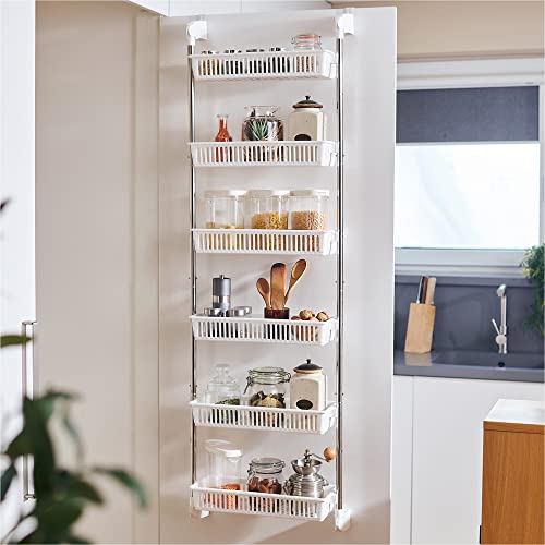  HomeBuddy Over The Door Pantry Organizer - 6 Basket Over Door Pantry Organizer, Sturdy Over The Door Spice Rack With 3 Sets Of Padded Hooks - Hanging Spice Rack For Pantry Door, Behind Door Storage