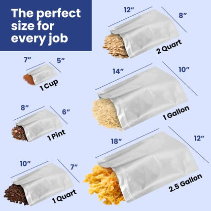  50x Wallaby 1-Quart Gusset Mylar Bag Bundle - (6 Mil - 7" X 10") Stand-Up Zipper Pouches + 50x Labels - Heat Sealable, Food Safe, & Reliable Long Term-Food Storage Solutions - Silver
