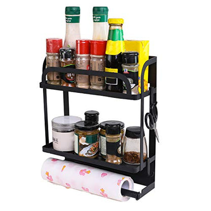  PENGKE Spice Rack Organizer 2 Tier Refrigerator Storage Shelf With Paper Towel Holder And Removable Hooks,Strong Rustproof,Black