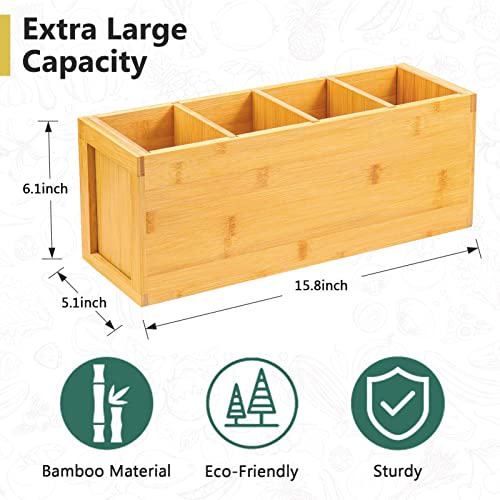  Extra Large Bamboo Utensil Holder, 4 Sections Kitchen Utensil Holder Organizer For Countertop, Cooking Utensil Caddy Farmhouse Utensils Holder Utensil Crock For Kitchen Counter