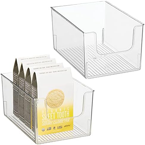  Modern Wide Plastic Open Front Dip Storage Organizer Bin Basket For Kitchen Organization - Shelf, Cupboard, Cabinet, And Pantry Organizing Decor - Ligne Collection - 2 Pack - Clear