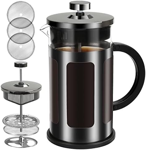  French Press Coffee Maker 12 Ounce Stainless Steel With Borosilicate Glass Heat Resistant 4 Level Filtration System For Brew Coffee & Tea Dishwasher Safe 350ml (12oz, Stainless Black)