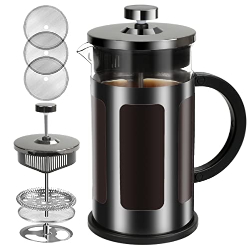  French Press Coffee Maker 12 Ounce Stainless Steel With Borosilicate Glass Heat Resistant 4 Level Filtration System For Brew Coffee & Tea Dishwasher Safe 350ml (12oz, Stainless Black)