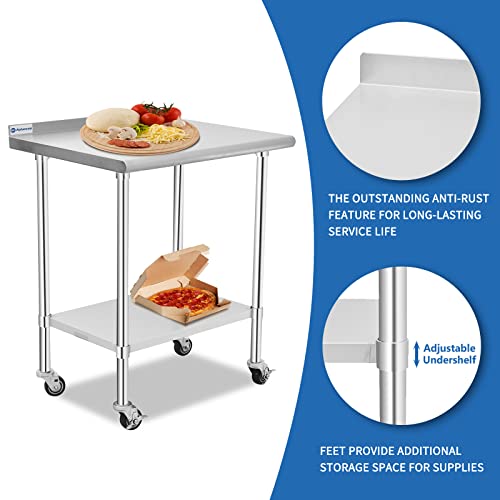 Stainless Steel Table, 30 X 24 Inches Prep & Work Table With Caster Backsplash And Adjustable Undershelf Metal Utility Workstations For Commercial Kitchen Or Restaurant Supplies