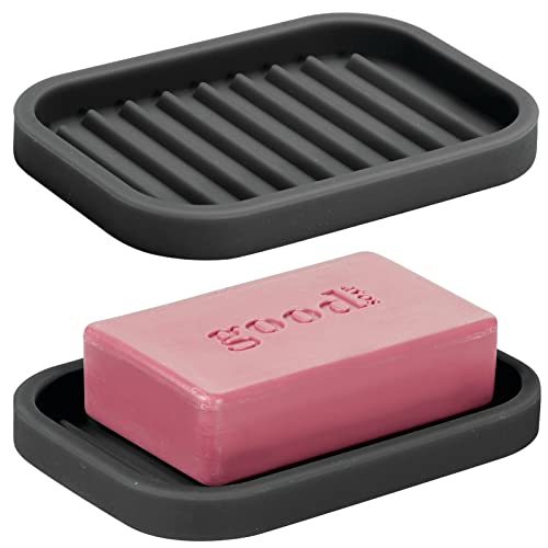  Silicone Kitchen Sink Storage Organizer Holder Tray For Sponges, Soap, Scrubber - Ribbed Base, Quick Dry, Waterproof, Non-Slip, Durable, Heat Resistant - Linelle Collection, 2 Pack, Black