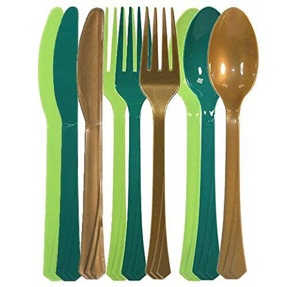  72-Pack Plastic Cutlery Set Heavy Duty Colored Plastic Silverware Set Includes 24 Forks, 24 Teaspoons, And 24 Knives In Lime Green, Island Blue And Pearl…