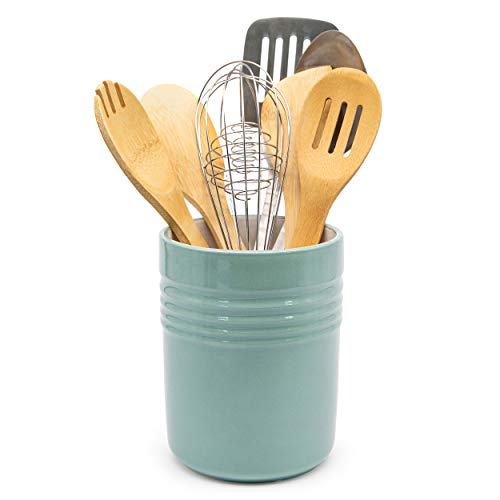  Kook Ceramic Utensil Crock For Kitchen Counter, Utensil Holder, Heavy & Stable Caddy, Countertop Organizer, For Spoons, Spatulas, 5.3”, Dishwasher Safe (Teal)