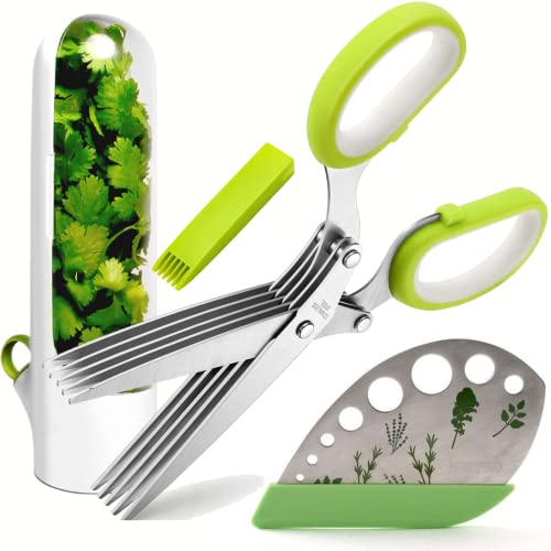  Erb Scissors With 5 Blades And Cover - 2023 Updated Sharp Multi-Blade Stainless Steel Herb Shears For Kitchen; Kale And Herb Stripper With Herb Savor Pod Fringe Scissors By HOMECREDIBLES