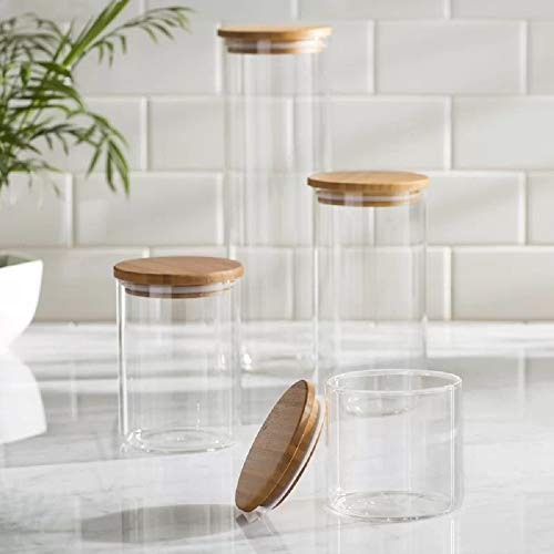  Sugar Packet Holder Canister Set Of 5, Glass Kitchen Canisters With Airtight Bamboo Lid, Glass Storage Jars For Kitchen, Bathroom And Pantry Organization Ideal For Flour, Sugar, Coffee, Cookie Jar, Candy, Snack And More