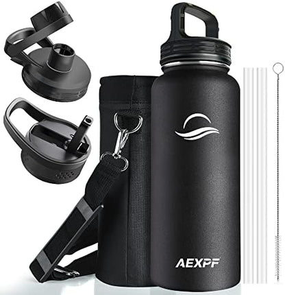  40 Oz Insulated Water Bottle, Stainless Steel Vacuum Sports Water Bottle With 3 Lids, Durable Leakproof Metal Thermos, BPA-free Water Flask Jug With Strap For Gym Camping, Indigo Black Gradient