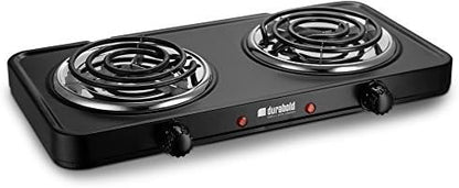  Kitchen Countertop Cast-Iron Double Burner - Stainless Steel Body – Ideal For RV, Small Apartments, Camping, Cookery Demonstrations, Or As An Extra Burner – By Durabold (Black)