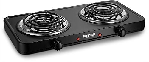  Kitchen Countertop Cast-Iron Double Burner - Stainless Steel Body – Ideal For RV, Small Apartments, Camping, Cookery Demonstrations, Or As An Extra Burner – By Durabold (Black)