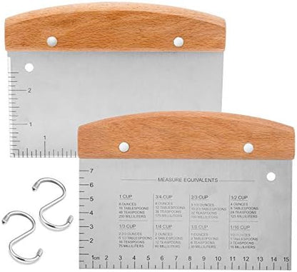  Bench Scraper Set Of 2, HaSteeL Metal Dough Scraper Cutter Pastry Chopper With Wooden Handle, Heavy Duty Stainless Steel Griddle Scraper With Measuring Marks For Cooking Baking Grilling