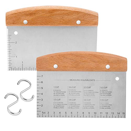  Bench Scraper Set Of 2, HaSteeL Metal Dough Scraper Cutter Pastry Chopper With Wooden Handle, Heavy Duty Stainless Steel Griddle Scraper With Measuring Marks For Cooking Baking Grilling