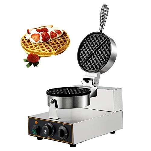  Commercial Round Waffle Maker Nonstick 1100W Stainless Steel 110V Temperature And Time Control, Suitable For Restaurant Bakeries Snack Bar Family, Non-rotated