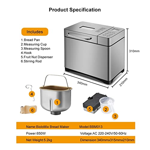  Stainless Steel 1KG 19-in-1 Automatic Bread Maker 650W Programmable Bread Machine With 3 Loaf Sizes Fruit Nut Dispenser (Size : AU)