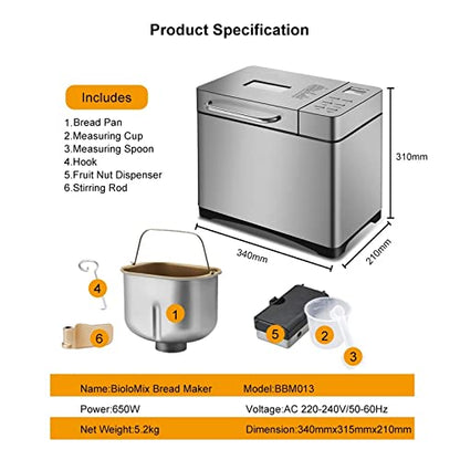  Stainless Steel 1KG 19-in-1 Automatic Bread Maker 650W Programmable Bread Machine With 3 Loaf Sizes Fruit Nut Dispenser (Size : AU)