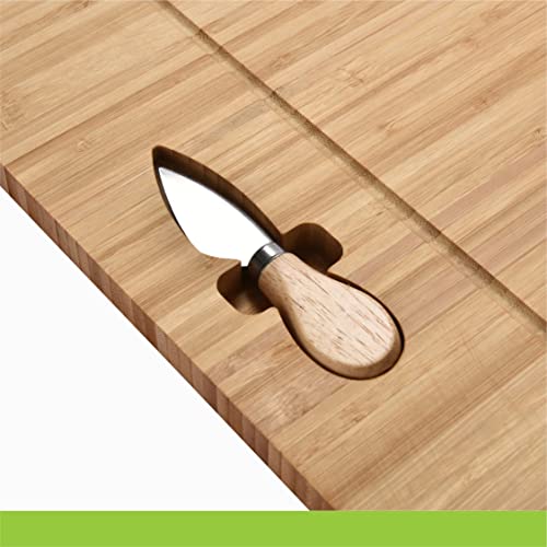  Bamboo Wooden Cheese Board With Knife & Fork Set - Charcuterie Board, Cheeseboard Knife Utensil Set - Wooden Serving Tray Platter - Ideal Wedding Or Housewarming Gift