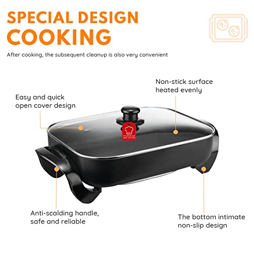  Black Electric Skillet With Tempered Glass Lid, 16 Inch, Non-Stick.